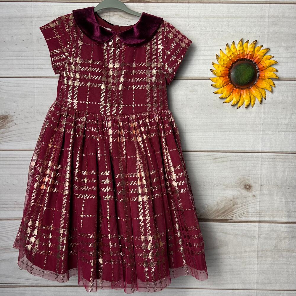 Pippa & Julie Girls Plaid Dress Burgundy Velvet Collar Short Sleeve Size 4